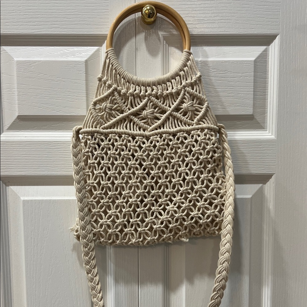 American Eagle Outfitters Cream Macrame Shoulder Bag with Wooden Handle